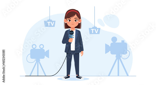 Cheerful Television Reporter Woman Broadcasting Live Journalism Presentation