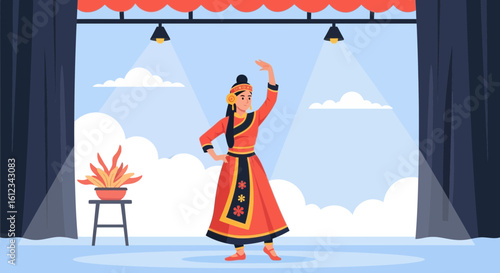 Elegant Dancer Performing On Stage With Traditional Costume And Accessories