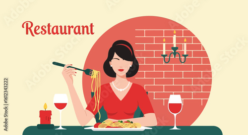 Elegant Evening Dining Woman Enjoying Spaghetti at a Fine Restaurant