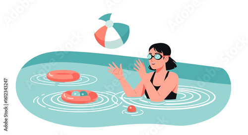 Cheerful Woman Enjoying Summer Fun In A Blue Swimming Pool Illustration