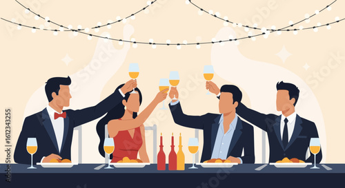 Elegant Friends Celebrating Toasts at Fancy Dinner Gathering In Evening