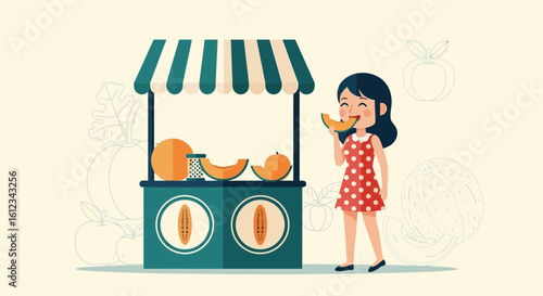 Cheerful Woman Enjoying Refreshing Melon Slice at a Charming Fruit Stall