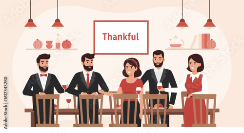 Elegant Gathering Friends Celebrate Thankfulness Holiday Evening In Dining Room