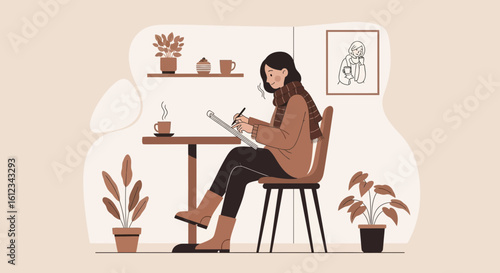 Creative Winter Day Illustration Of a Woman Drawing at Coffee Shop