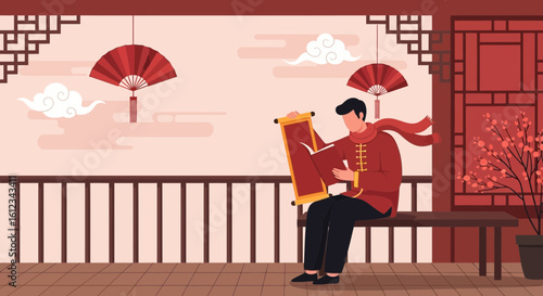 Elegant Man Reading A Scroll Outdoors Celebrating Lunar New Year Festivities
