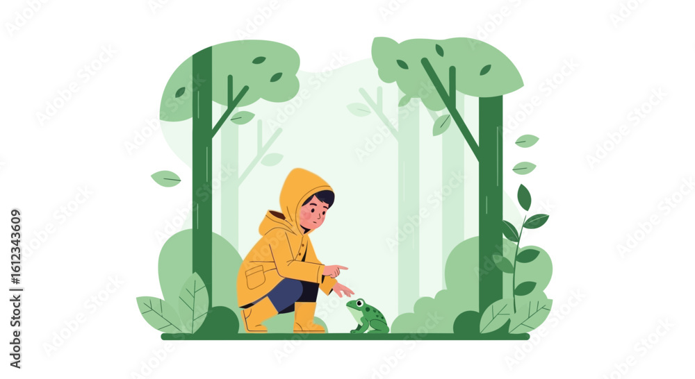 Fototapeta premium Child Encounters A Frog In Woods During A Rainy Day Adventure