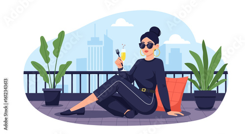 Elegant Woman Enjoys City View With Drink On Balcony Relaxation Lifestyle