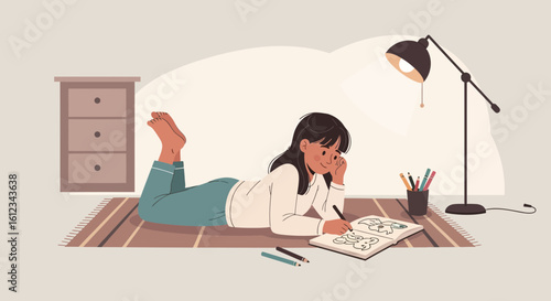 Creative Young Girl Drawing Animals In Her Sketchbook At Home