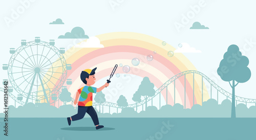 Child Having Fun In A Fairground With Bubbles And Colorful Background