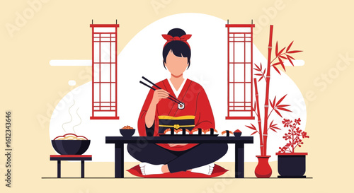 Elegant Woman Enjoys Traditional Sushi Dining Experience With Authentic Accoutrements