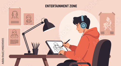 Creative Young Man Drawing Digital Illustration In His Cozy Workspace