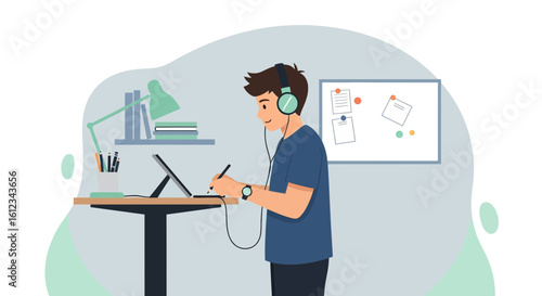 Creative Young Man Designing on a Digital Tablet with Headphones On