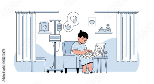 Child Patient Drawing In Hospital Ward During Medical Treatment Illustration