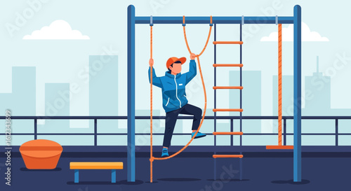 Childhood Adventures At The Rooftop Park Climbing Ladder Rope Exercise Vector Illustration