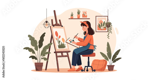 Creative Young Woman Immersed in Painting Flowers With Watercolors On Canvas