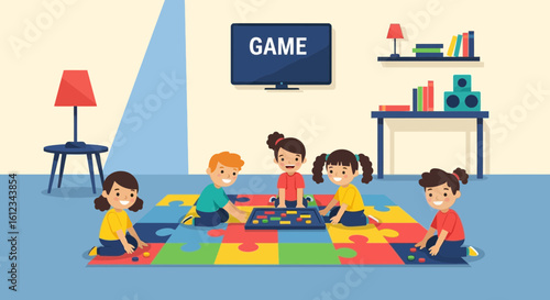 Children playing board game together in colorful interior and enjoying the activity