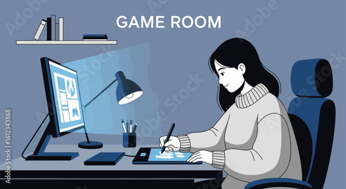 Creative Young Woman Working On Graphics Tablet in Digital Workplace