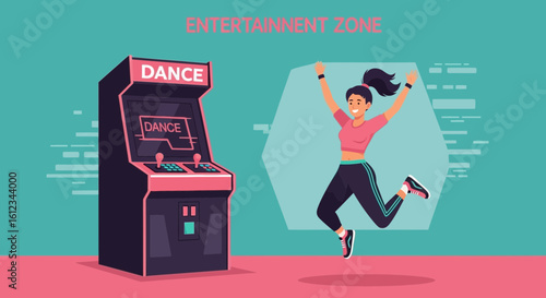 Energetic Woman Plays Dancing Game On Retro Arcade Machine In Fun Entertainment Zone