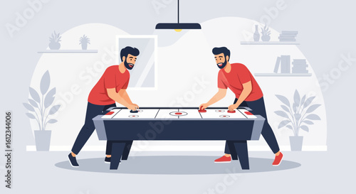 Engaged Men Enjoying A Fast Paced Air Hockey Game In A Modern Interior