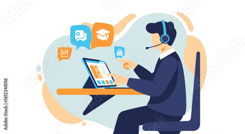 Customer service representative providing online support and assistance to clients virtually using headset and tablet