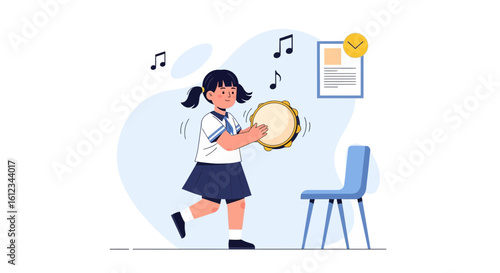 Energetic Young Musician Girl Playing Tambourine In Music Class Setting