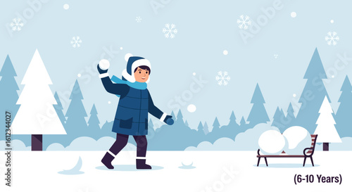 Child's Winter Fun: Snowball Fight On A Snowy Day Landscape Outdoors