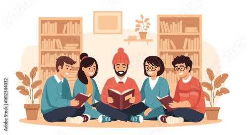 Engaging Book Club Reading Together In Cozy Environment And Happy Mood