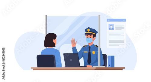 Customs Officer Checking Woman Passport Behind Protective Glass During Pandemic