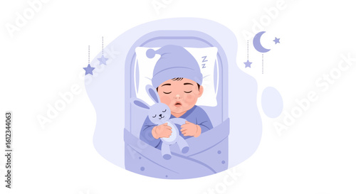Cute baby boy sleeping soundly in crib with bunny toy illustration, showcasing childhood innocence