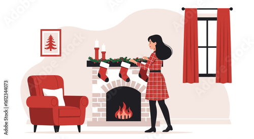 Christmas Eve Preparation Woman Hangs Holiday Stockings On Fireplace Mantel