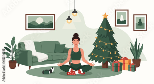 Christmas Serenity Woman Practicing Meditation At Home During Holiday Season