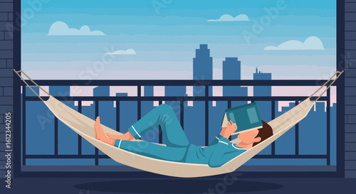 Enjoying A Book In Hammock On The Balcony With A City View