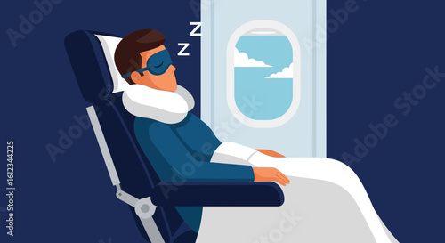 Comfortable Flight With Passenger Sleeping In Airplane Seat With Travel Pillow