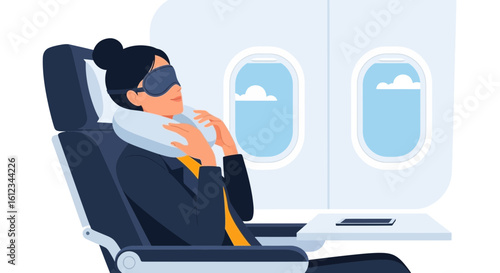 Comfortable Flight Woman Enjoying Air Travel Relaxing With Neck Pillow And Eye Mask