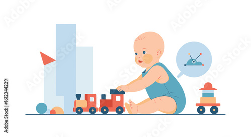 Cute baby playing with wooden train and colorful building blocks on the floor