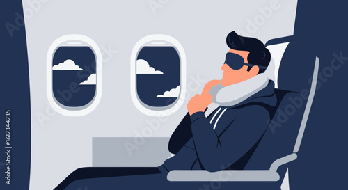 Comfortable Flight Aboard Cartoon Person On Airplane Wearing Eye Mask And Pillow