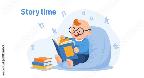 Cute Baby Read Book On Beanbag Chair Vector Illustration Isolated