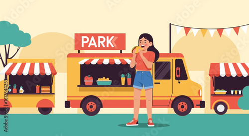 Enjoying Delicious Street Food From Trucks In The Park During A Relaxing Day