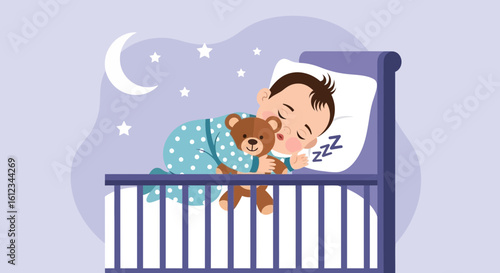 Cute baby sleeping peacefully in a crib with teddy bear under starry night background