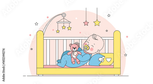Cute Baby Sleeping Peacefully In Crib With Toy Bear And Star Mobile