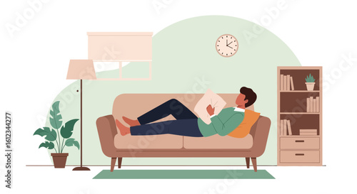 Comfortable Man Relaxes At Home On His Couch Reading And Resting Peacefully