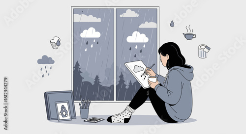 Comfortable Woman Enjoying Rainy Day While Creating Art At Her Home