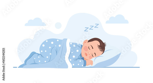Cute Baby Sleeping Peacefully Under Blue Blanket With Clouds Illustration