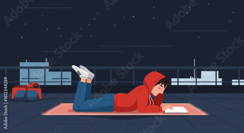 Enjoying Quiet Moment Reading A Book Under The Starry Night Sky
