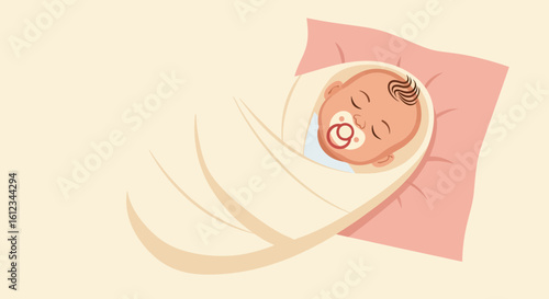 Cute baby sleeping peacefully wrapped in a blanket with pacifier sucking in light pastel colors