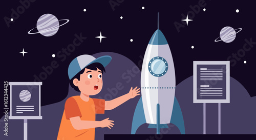 Enthusiastic Boy Discovering Space Exploration And Rocket At The Museum