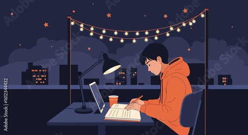 Concentrated Young Man Studying At Night With A City View Background