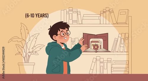 Enthusiastic Boy Exploring Bookshelf Filled With Stories And Discoveries