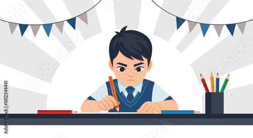 Concentrated Young Student Works Hard At His Desk With Colorful Pencils