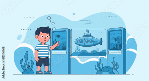Enthusiastic Boy Exploring Marine Life Exhibits At The Aquarium